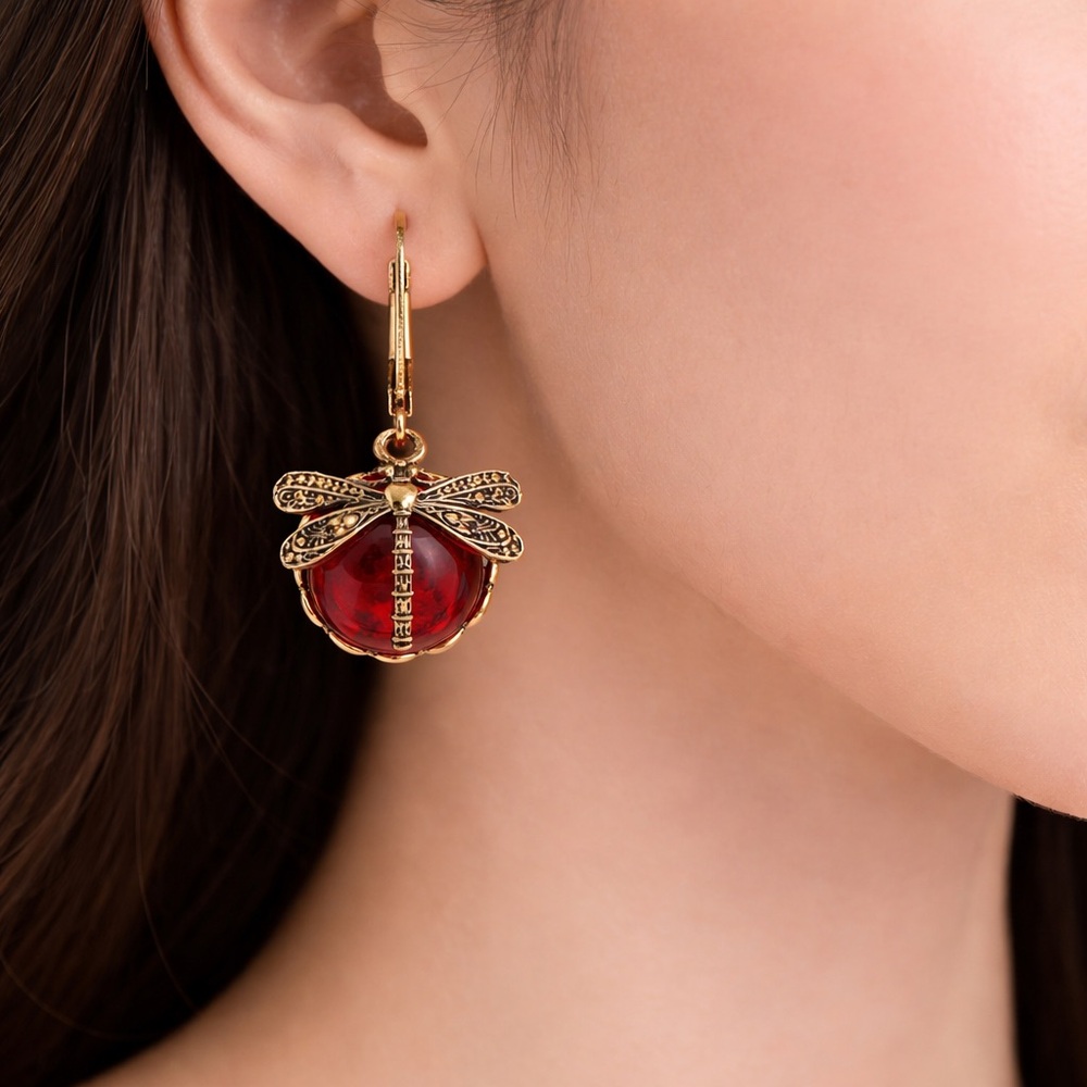 Gold Tone Dragonfly Red Glass Drop Earrings Vintage Boho Style